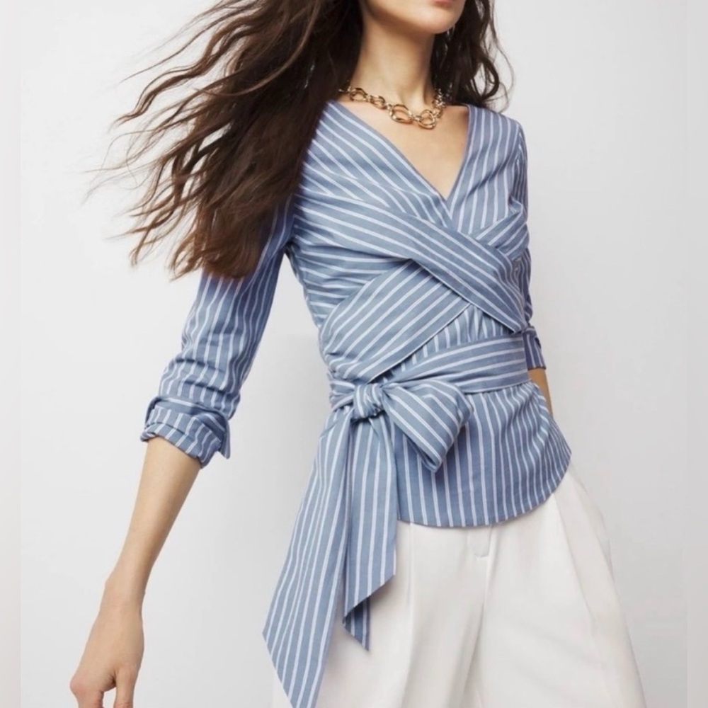 NWOT WHBM Striped Blue Wrap Top